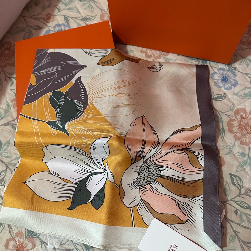 Wensli Floral Silk Scarf in Orange and Cream